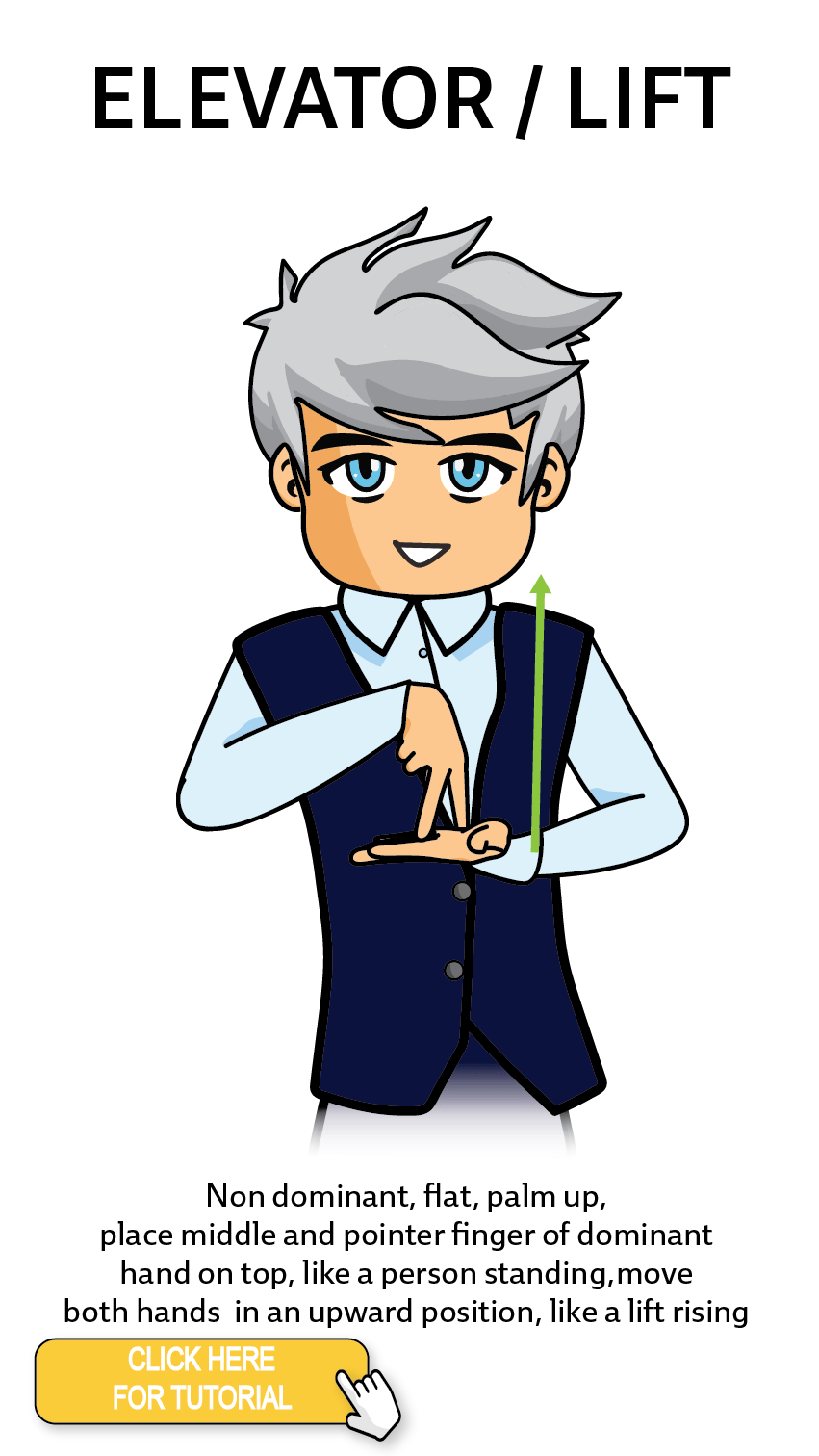 The Cérge character performing sign language for the word Elevator Lift. The Keyword Sign instructions are: Non dominant, flat, palm up, place middle and pointer finger of dominant hand on top, like a person standing, move both hands in an upward position, like a lift rising.